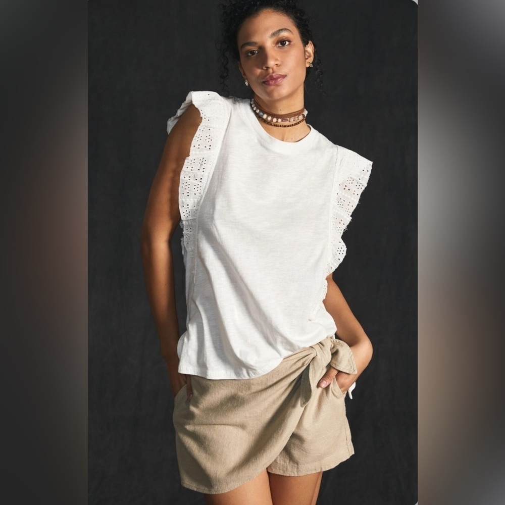 Anthropologie Pilcro White Sustainable Eyelet Ruffle Sleeved Top